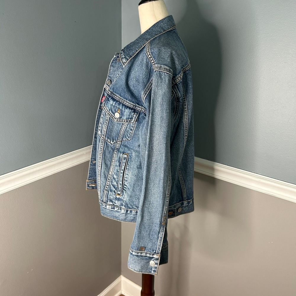 Levis Jacquard Denim Trucker Jacket Blue Medium Wash Womens Size Large L - Picture 7 of 8